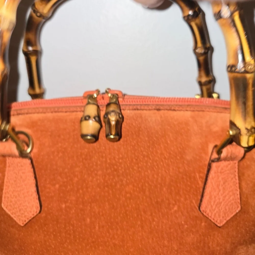 GUCCI Authentic  Bamboo  Suede ORANGE  Purse Satchel Handbag Designer - Picture 7 of 16